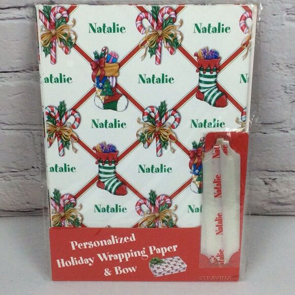“Natalie” Personalized Christmas Wrapping Paper & Bow Multicolored Holiday Fun - Picture 1 of 3